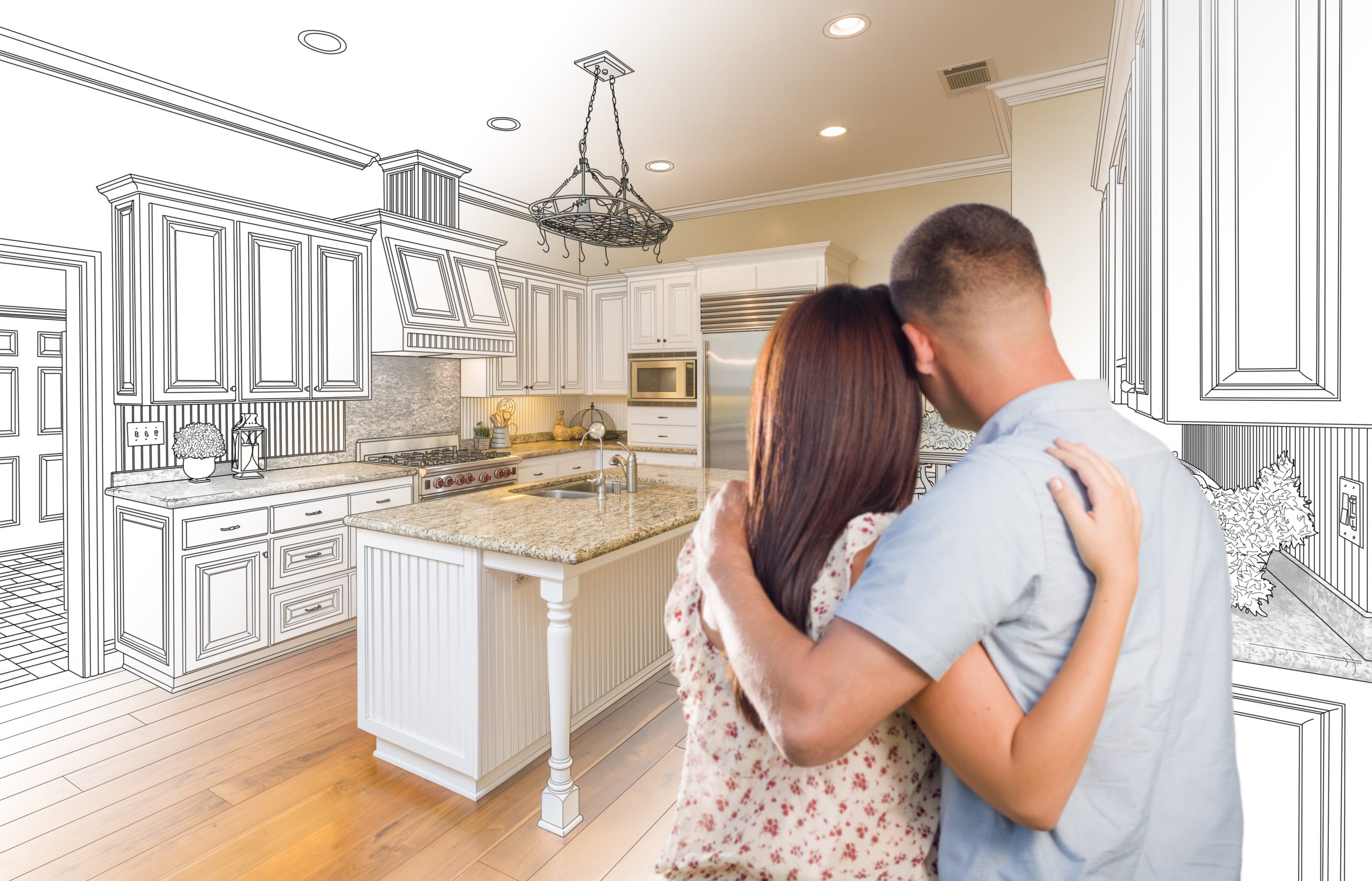 Young,Military,Couple,Looking,Inside,Custom,Kitchen,And,Design,Drawing